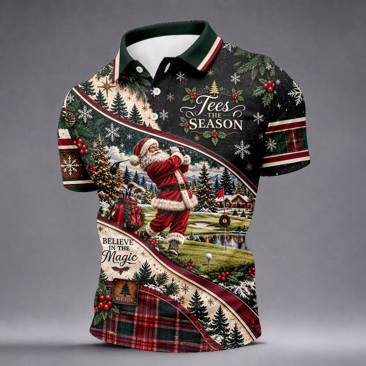 Black Plaid Santa Christmas Golf Polo, Golf Shirts For Men, Golf Apparel For Men