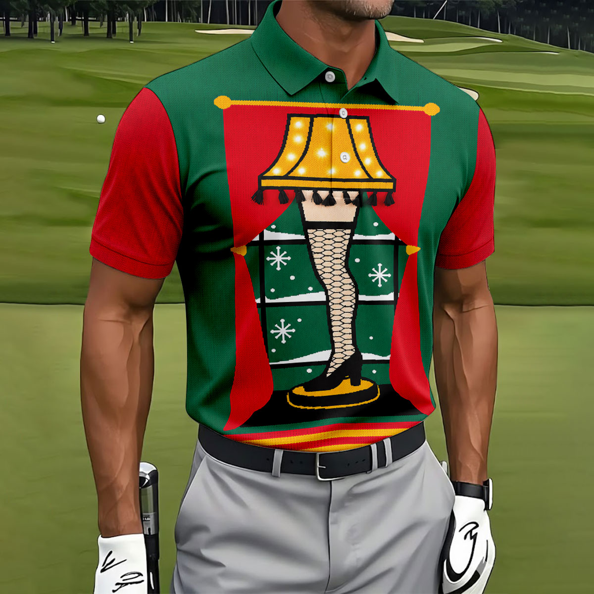 Festive Leg Lamp Christmas Golf Shirt, Golf Polo Shirts For Men, Mens Golf Shirts