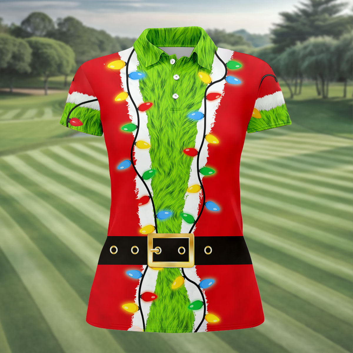Green Furry Santa Suit Christmas Golf Shirt, Womens Golf Tops, Golf Gifts For Women