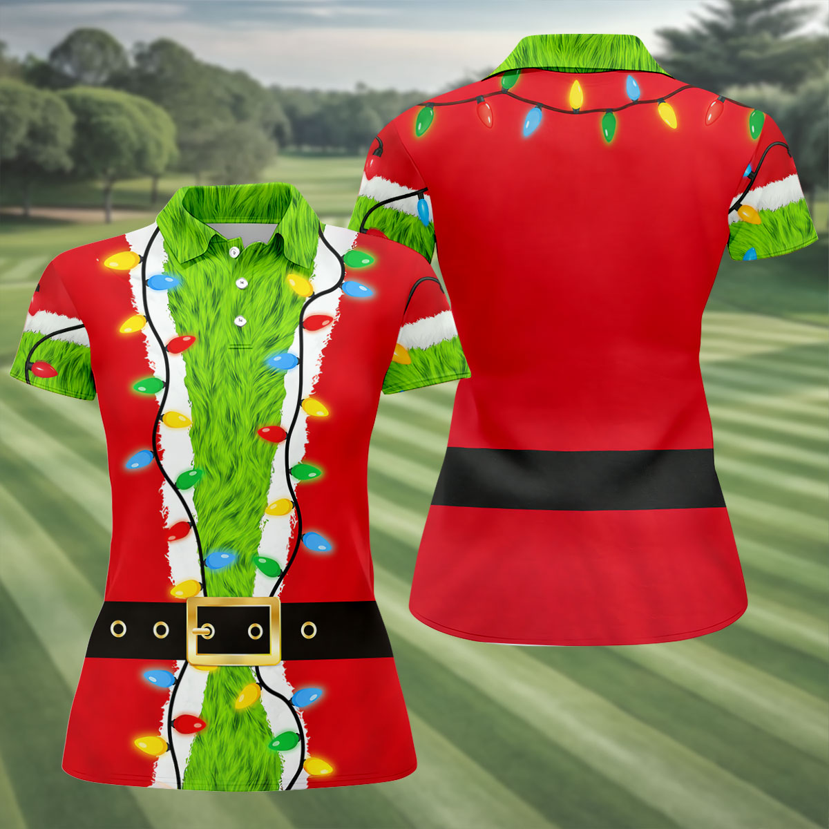 Green Furry Santa Suit Christmas Golf Shirt, Womens Golf Tops, Golf Gifts For Women