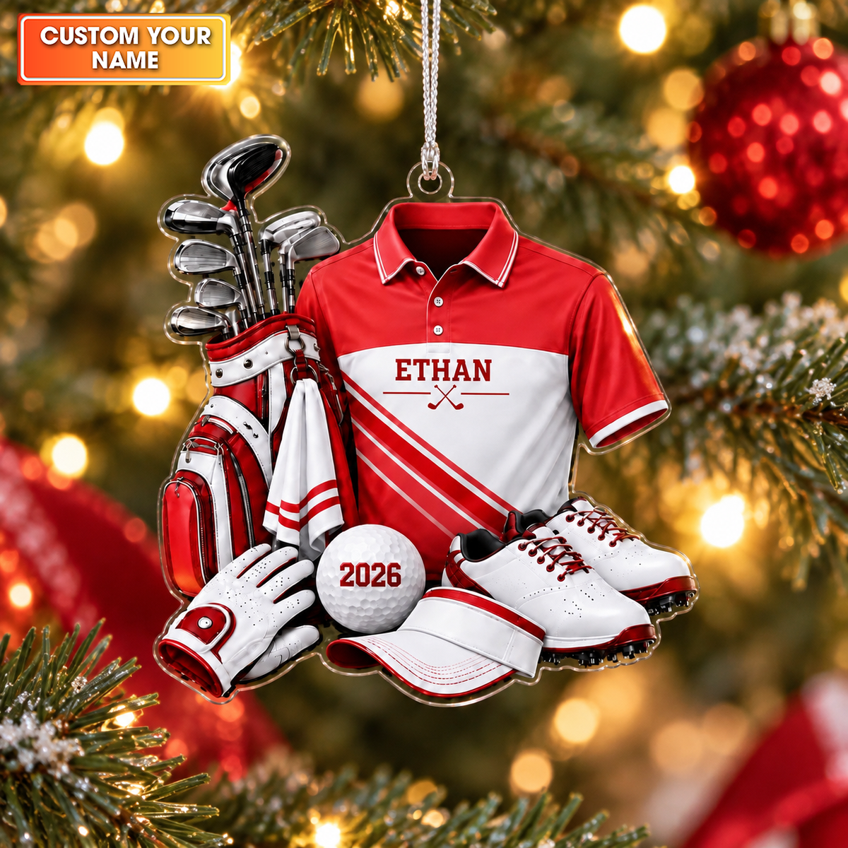 Custom Name Golf Shirt And Bag Acrylic Ornament, Christmas Gifts, Gifts For Golfers