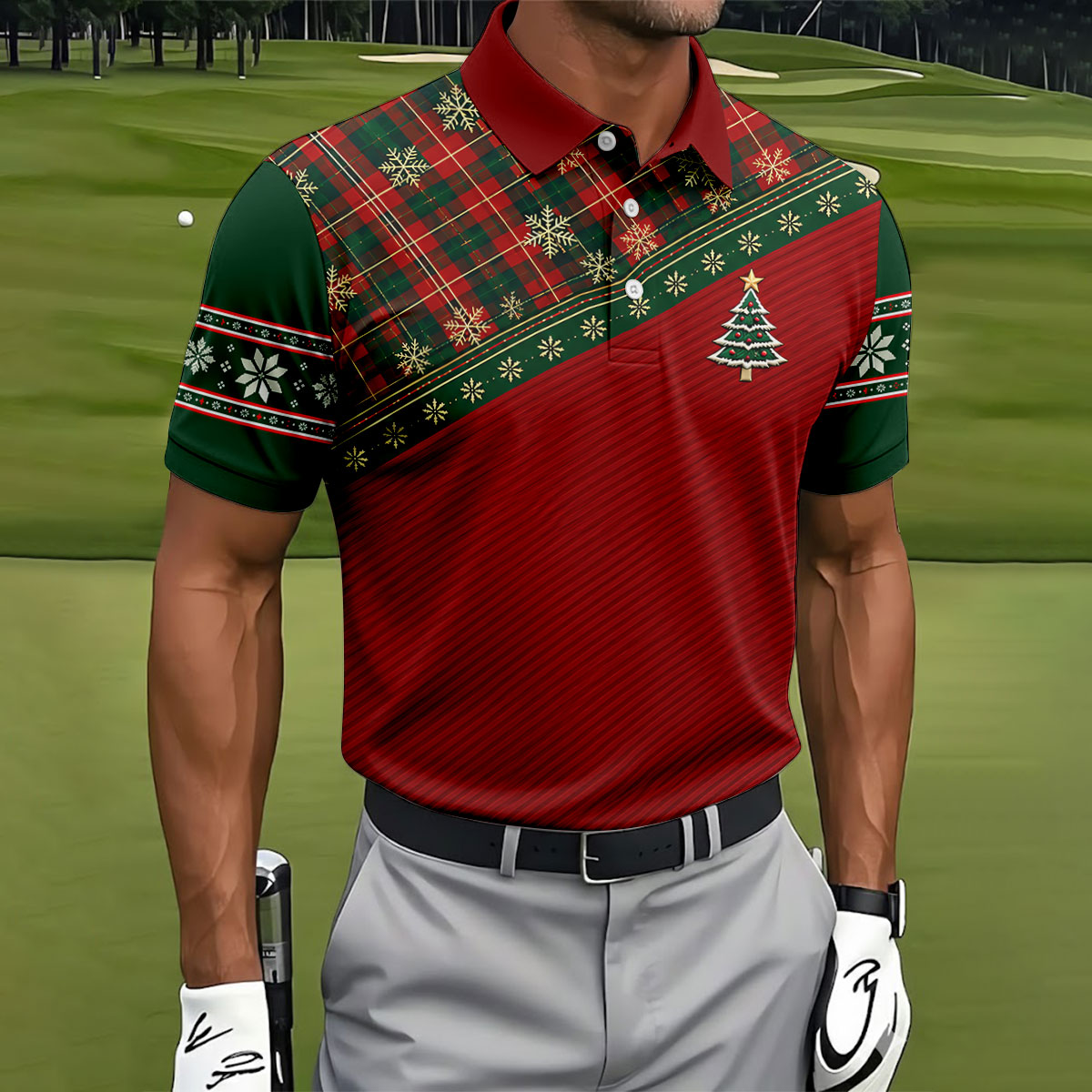 Red Plaid Tree Christmas Golf Shirt, Hawaiian Golf Shirt, Golf Polo Shirts For Men
