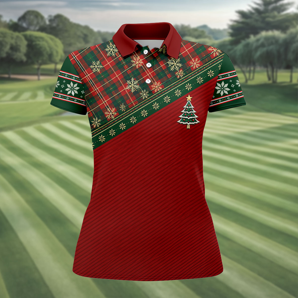 Red Plaid Tree Christmas Golf Shirt, Women's Long Sleeve Golf Shirt, Ladies Golf Top