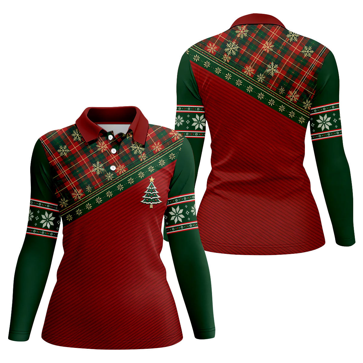 Red Plaid Tree Christmas Golf Shirt, Women's Long Sleeve Golf Shirt, Ladies Golf Top