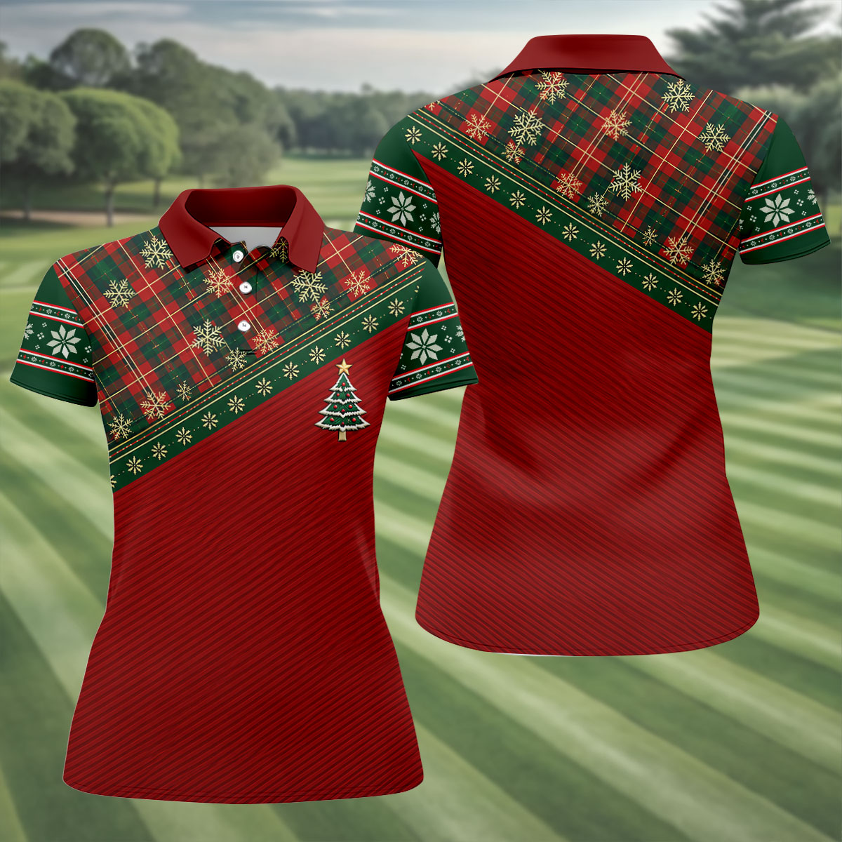 Red Plaid Tree Christmas Golf Shirt, Women's Long Sleeve Golf Shirt, Ladies Golf Top