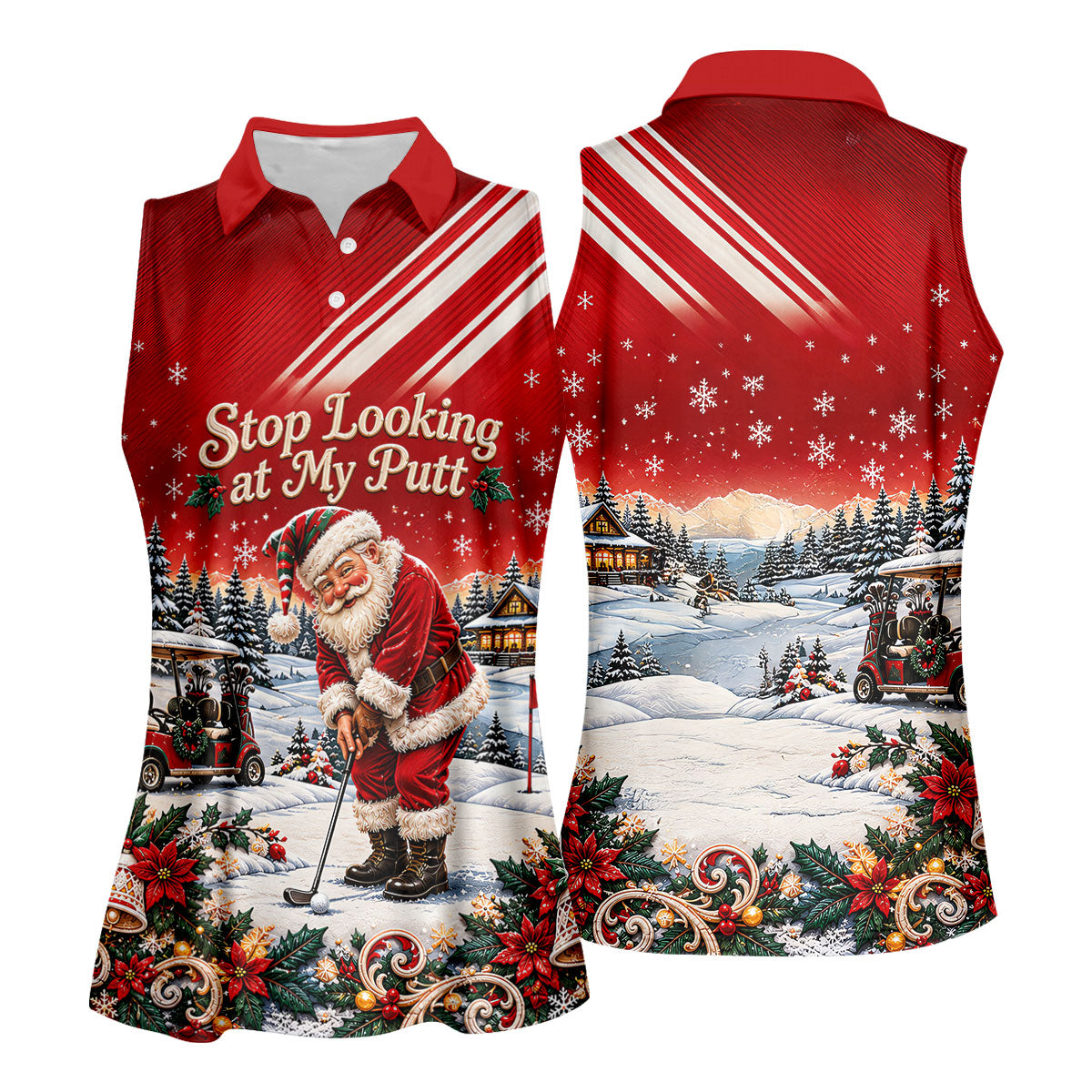 Red Stripe Santa Putt Christmas Golf Polo, Printed Golf Shirt, Women's Golf Polo