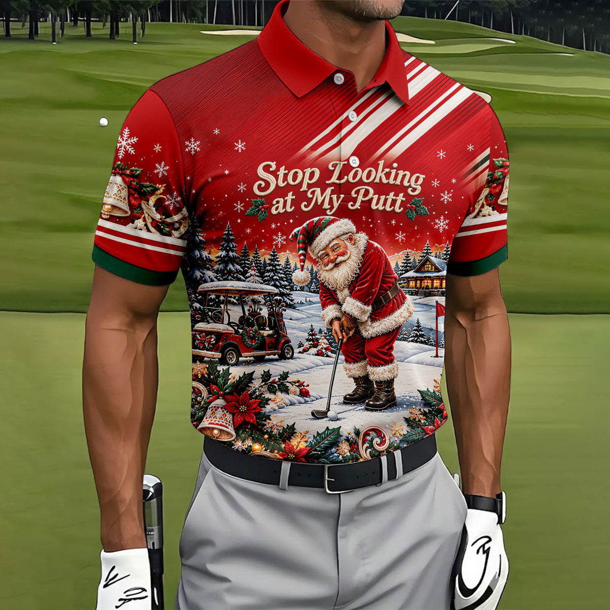 Red Stripe Santa Putt Christmas Golf Polo, Mens Golf Shirts, Hawaiian Golf Shirt