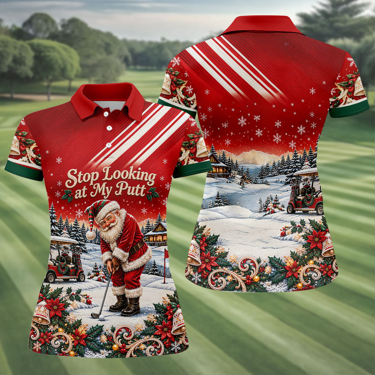 Red Stripe Santa Putt Christmas Golf Polo, Printed Golf Shirt, Women's Golf Polo