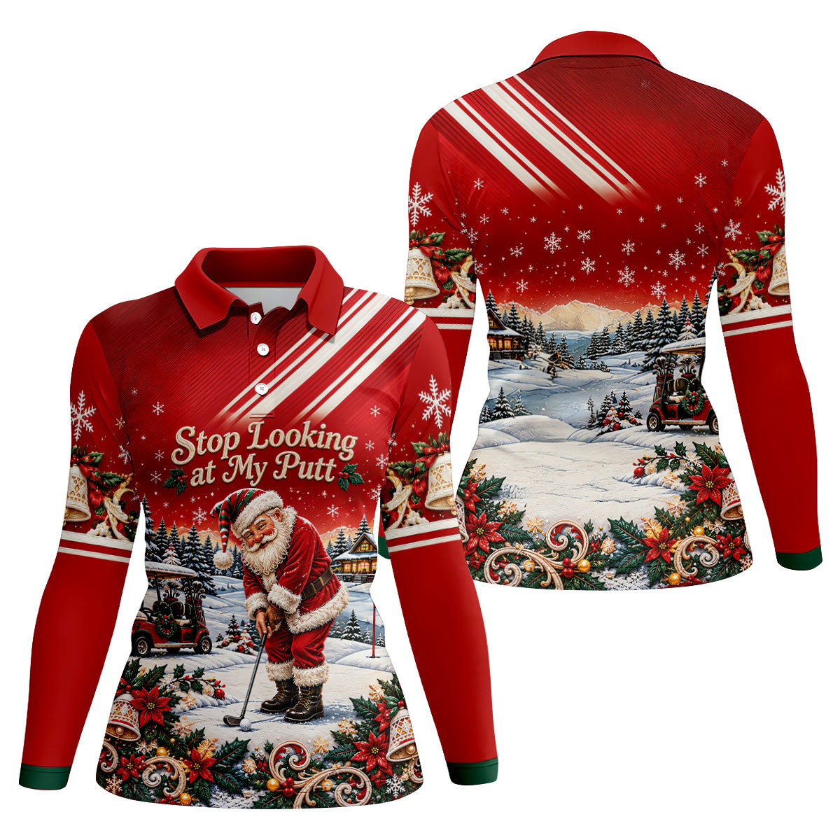 Red Stripe Santa Putt Christmas Golf Polo, Printed Golf Shirt, Women's Golf Polo