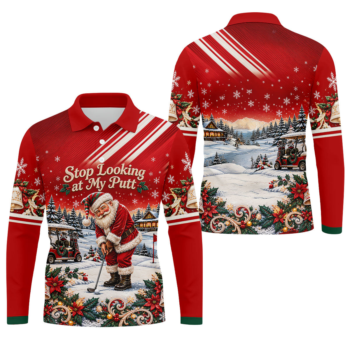 Red Stripe Santa Putt Christmas Golf Polo, Mens Golf Shirts, Hawaiian Golf Shirt