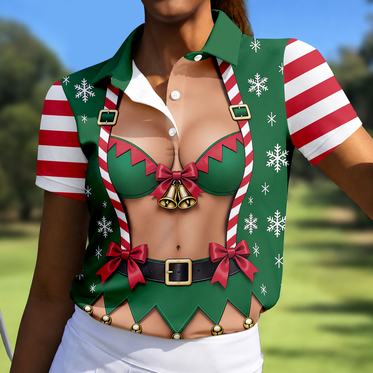 Green Elf Bikini Christmas Golf Polo, Golf Shirts For Women, Golf Tops For Women