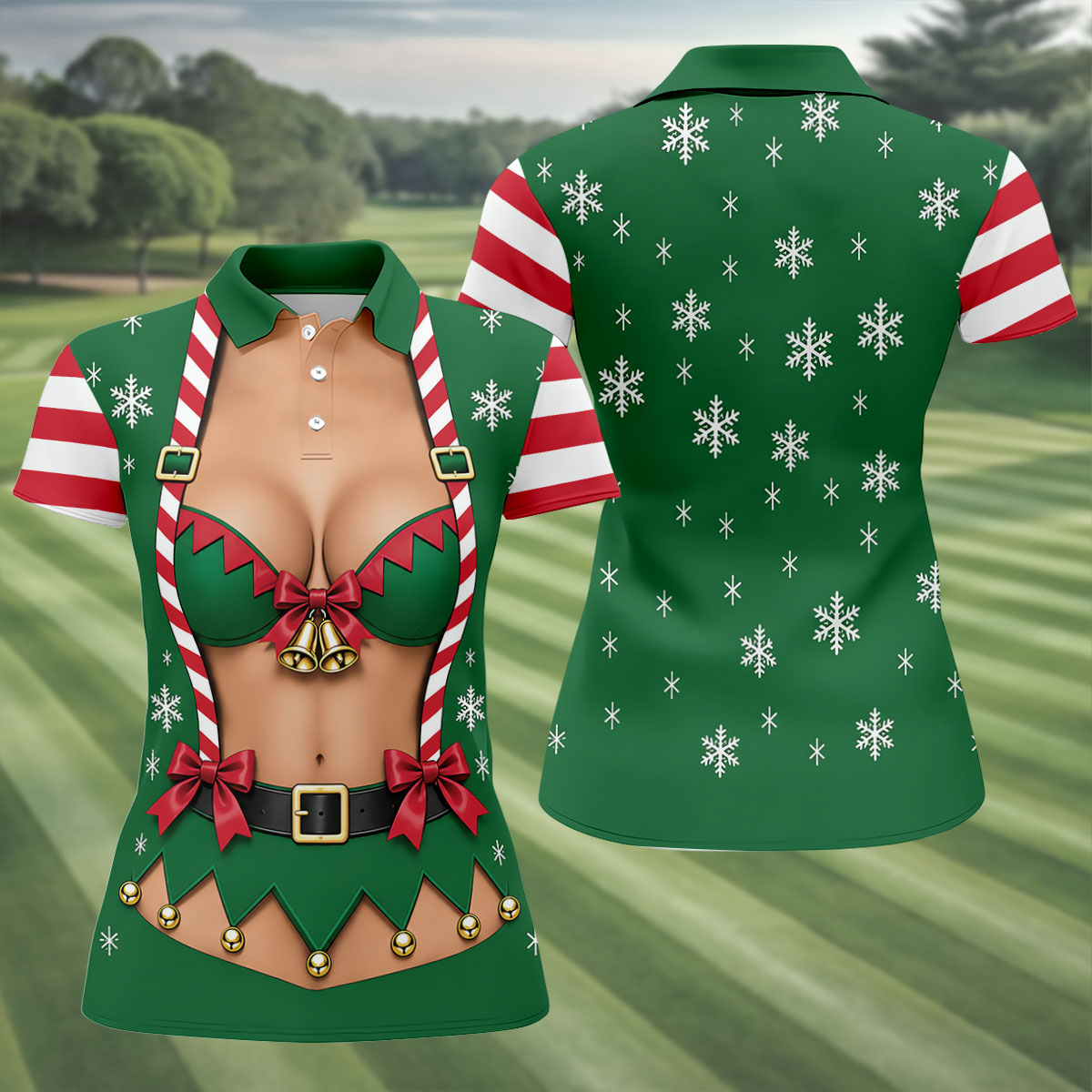 Green Elf Bikini Christmas Golf Polo, Golf Shirts For Women, Golf Tops For Women