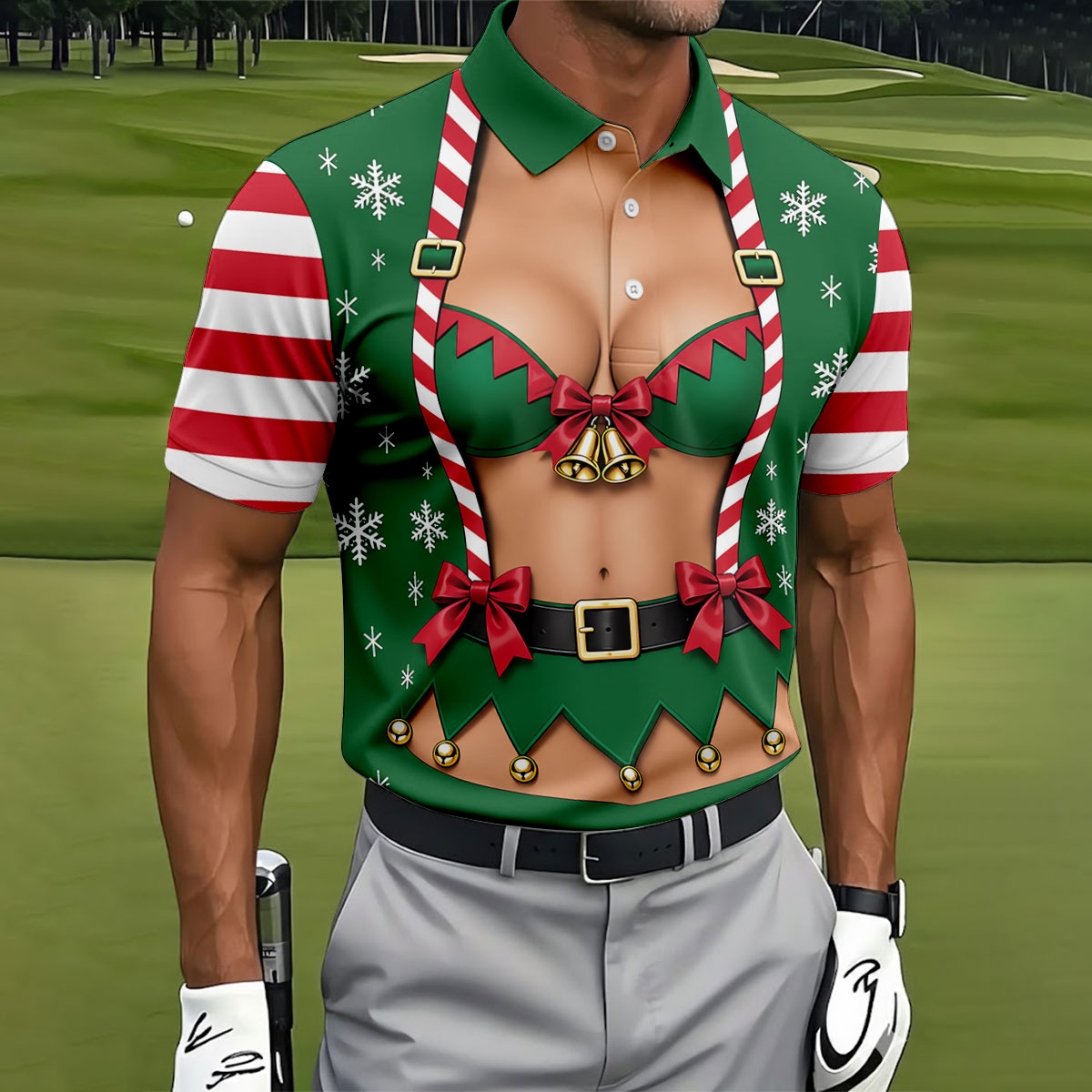 Green Elf Bikini Christmas Golf Polo, Golf Shirts For Men, Long Sleeve Polo Shirts