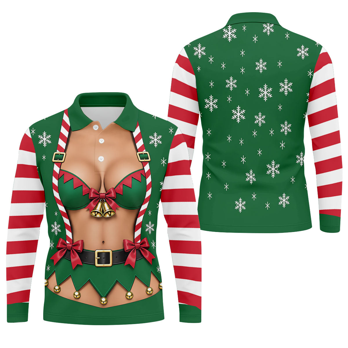 Green Elf Bikini Christmas Golf Polo, Golf Shirts For Men, Long Sleeve Polo Shirts