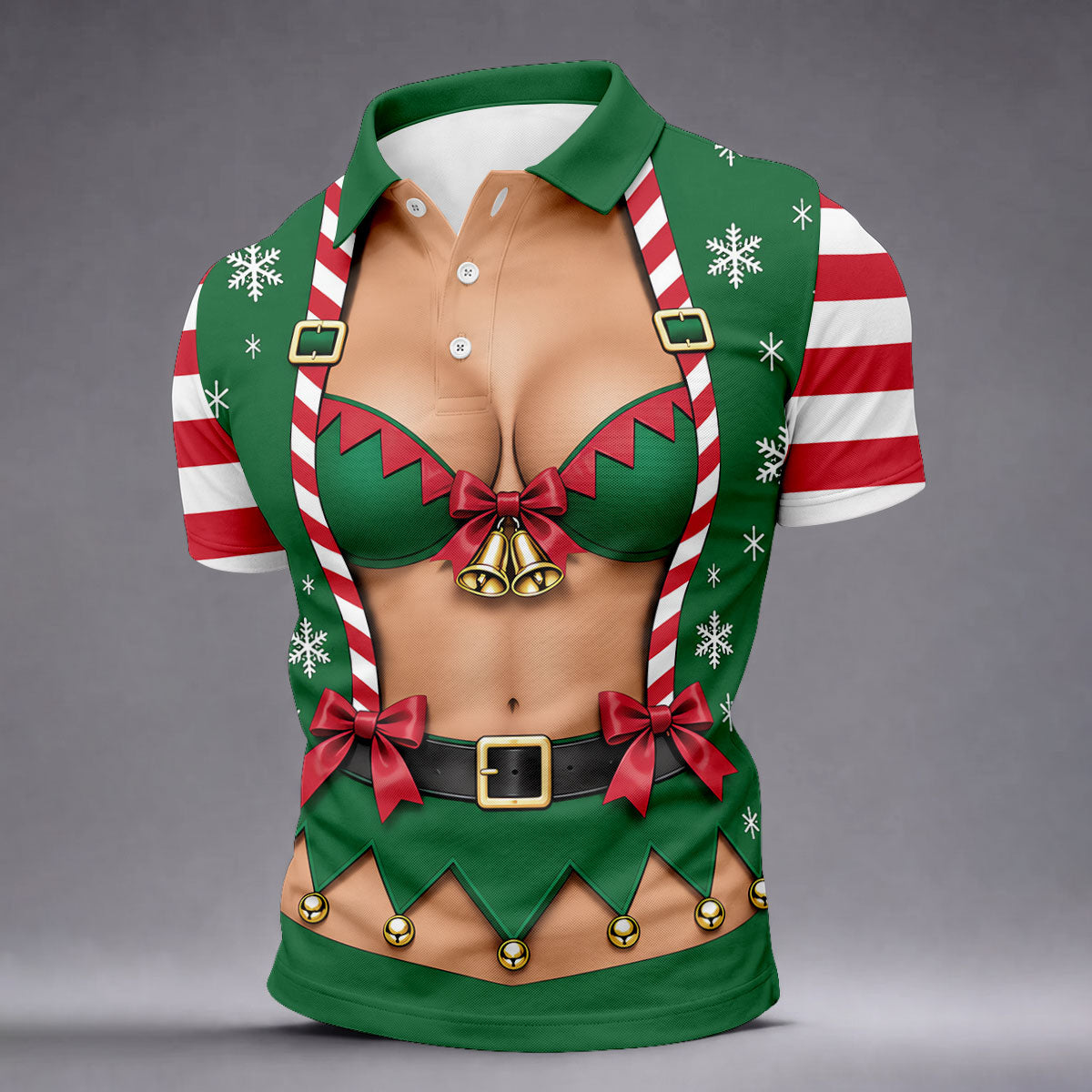 Green Elf Bikini Christmas Golf Polo, Golf Shirts For Men, Long Sleeve Polo Shirts