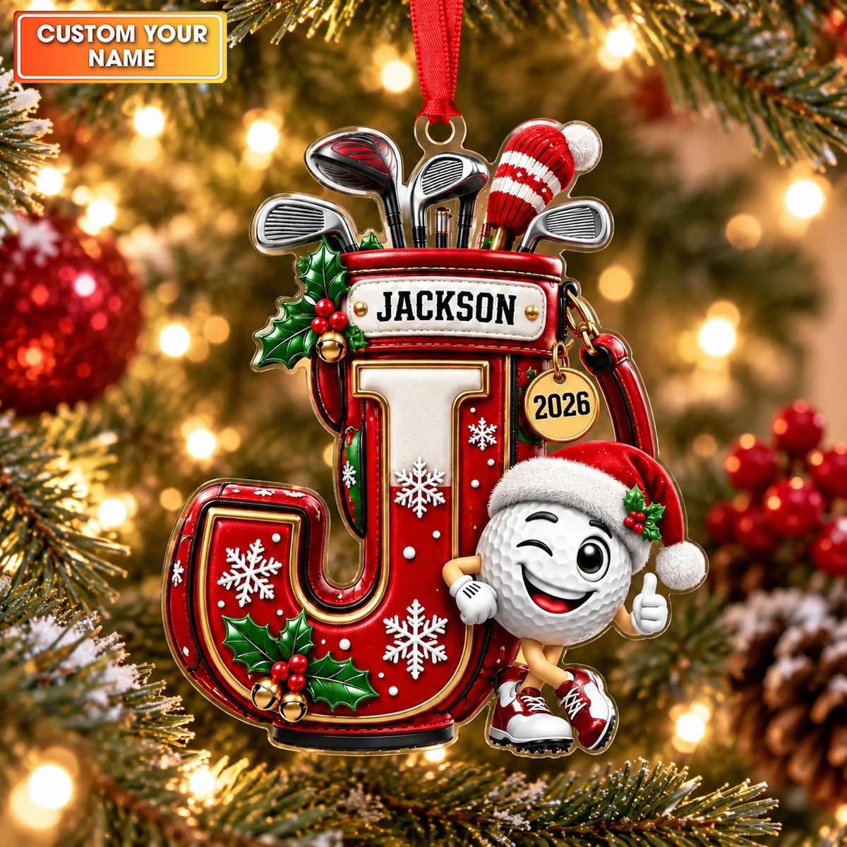 Custom Name Golf Initial Acrylic Ornament, Christmas Ornaments, Christmas Tree Decor