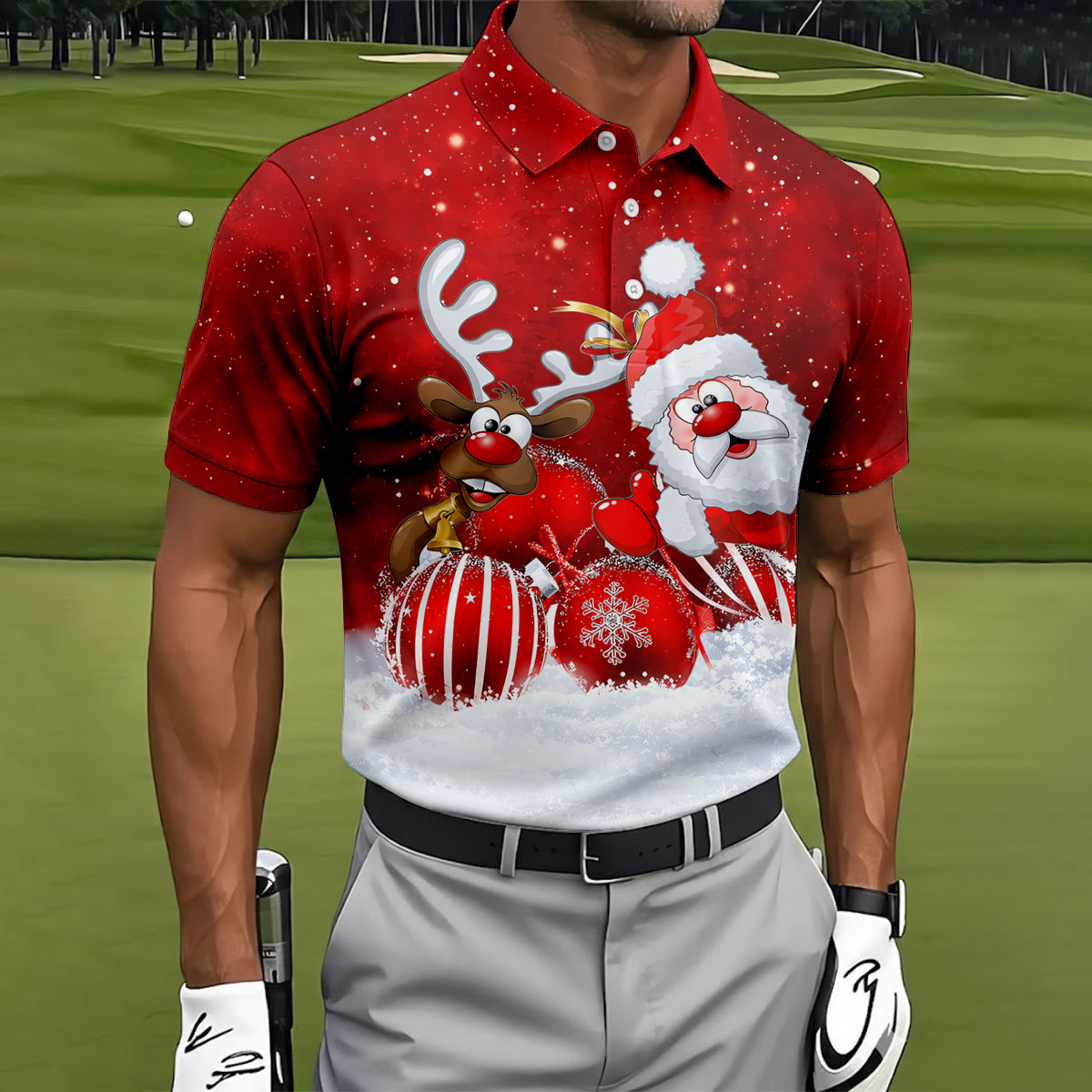 Santa Reindeer Snow Christmas Golf Shirt, Golf Shirts For Men, Golf Gifts For Men
