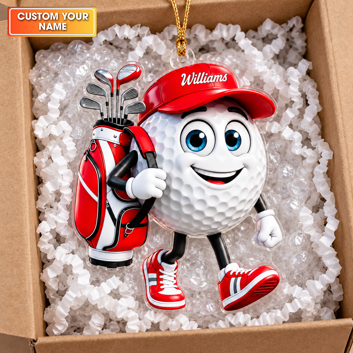 Custom Name Walking Golf Ball Acrylic Ornament, Christmas Tree Decor, Golfer Gifts