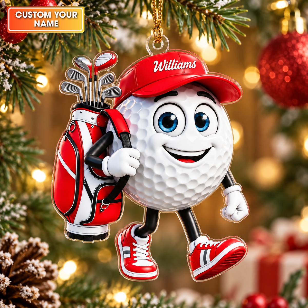 Custom Name Walking Golf Ball Acrylic Ornament, Christmas Tree Decor, Golfer Gifts