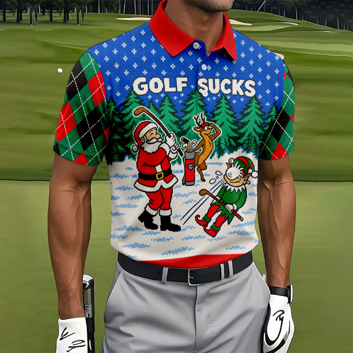 Golf Sucks Santa Christmas Golf Shirt, Mens Golf Shirts, Mens Holiday Golf Shirts