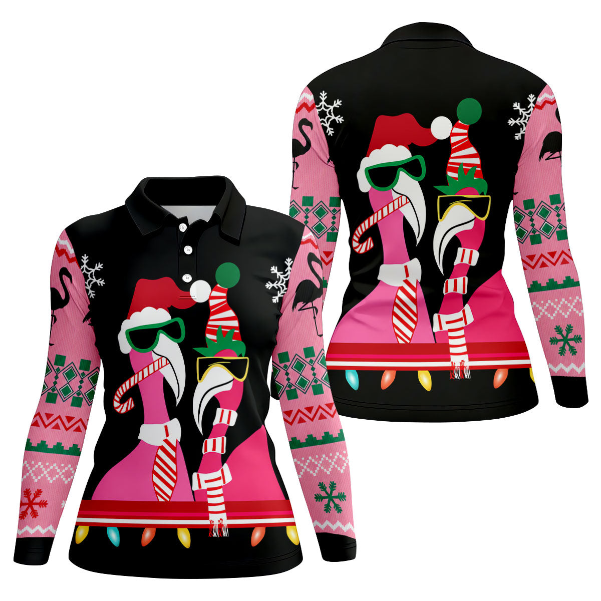 Pink Flamingo Christmas Pattern Golf Shirt, Womens Golf Tops, Ladies Golf Shirts