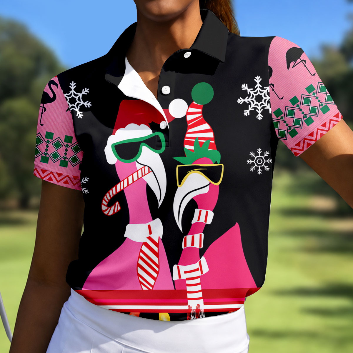 Pink Flamingo Christmas Pattern Golf Shirt, Womens Golf Tops, Ladies Golf Shirts