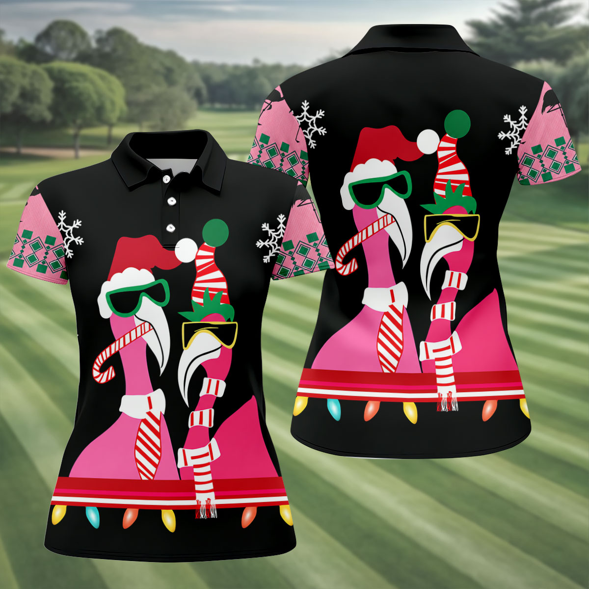 Pink Flamingo Christmas Pattern Golf Shirt, Womens Golf Tops, Ladies Golf Shirts