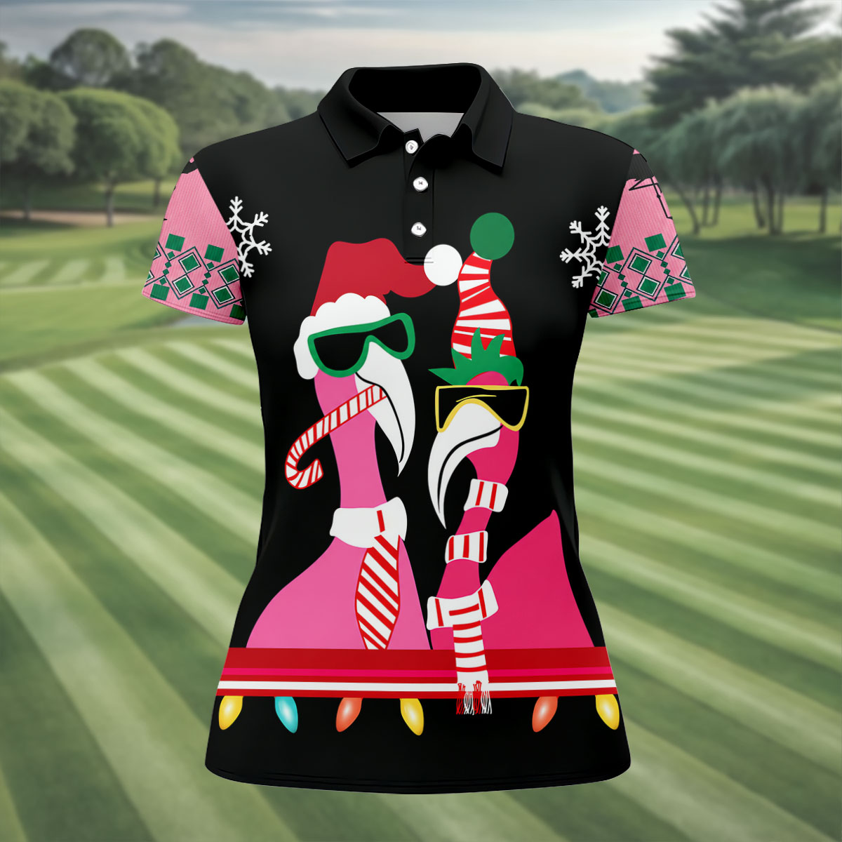 Pink Flamingo Christmas Pattern Golf Shirt, Womens Golf Tops, Ladies Golf Shirts