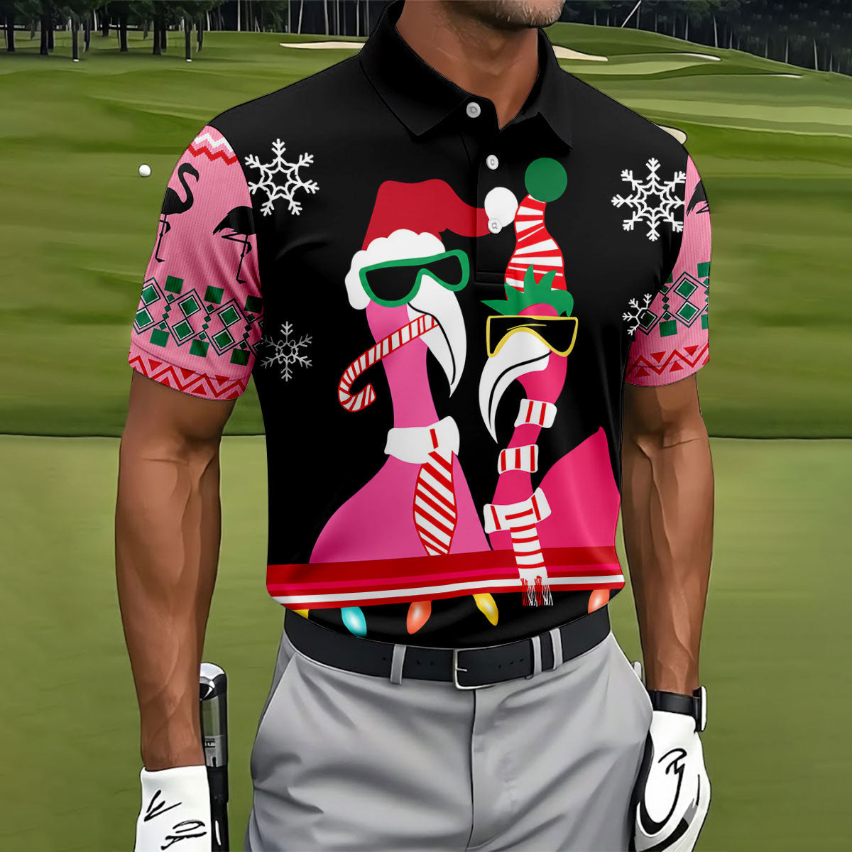 Pink Flamingo Christmas Pattern Golf Shirt, Mens Golf Polo, Golf Shirts For Men