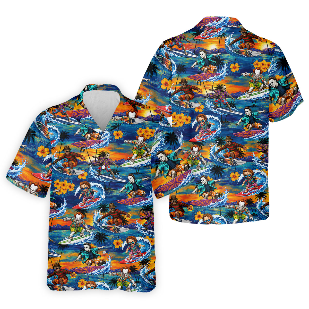 Retro Horror Character Villains Surfing Sunset Waves Golf Polo Shirt, Mens Golf Polo, Printed Golf Shirts