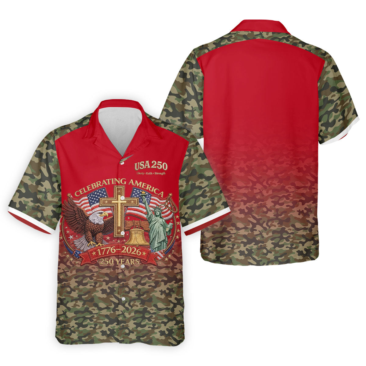 Liberty Faith Strength Faith Cross USA 250 Red Camo Golf Shirt, 4th Of July Golf Shirts For Men