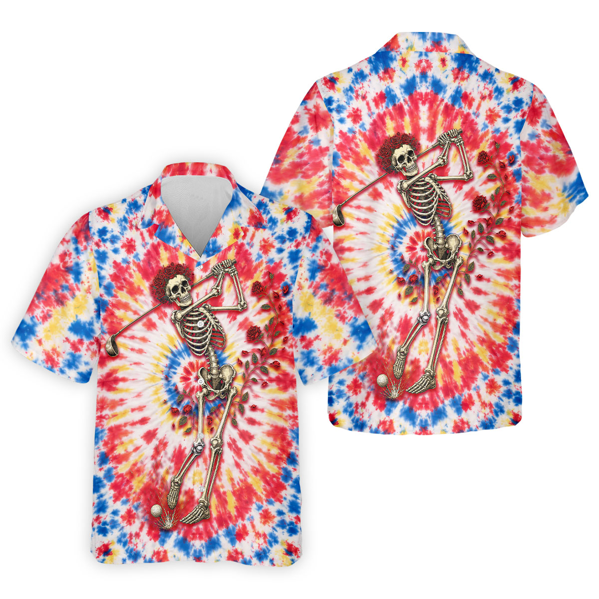 Skeleton Golfer Tie Dye Polo Shirt, Golf Apparel For Men, Golf Polo Shirts For Men