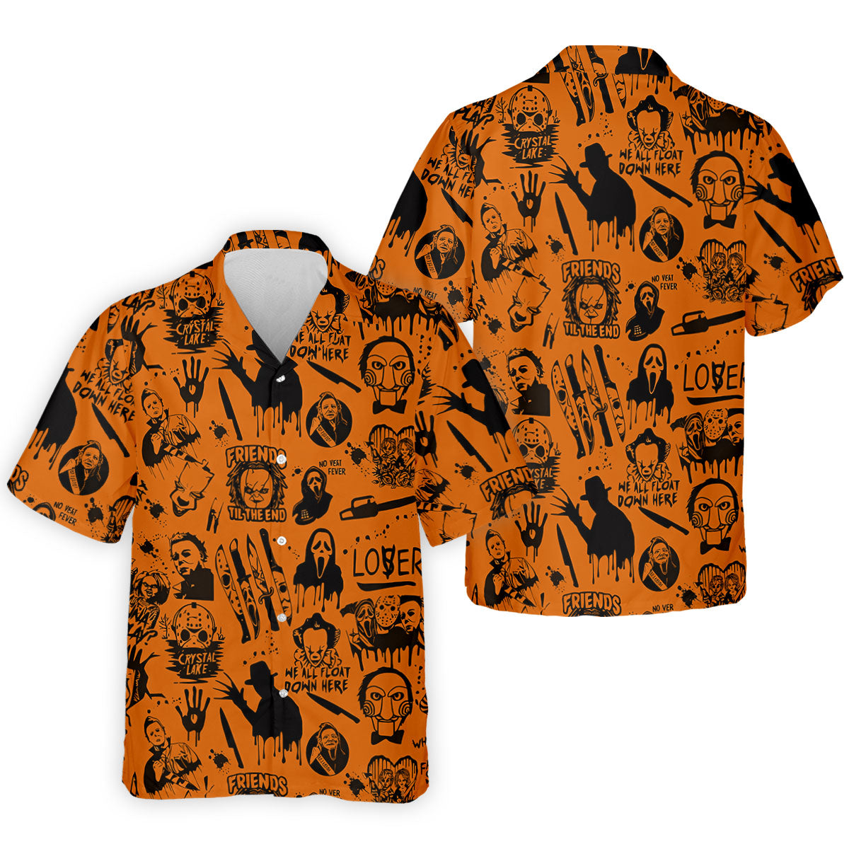 Orange Horror Character Icons Pattern Golf Polo Shirt for Halloween, Mens Golf Polo, Printed Golf Shirts