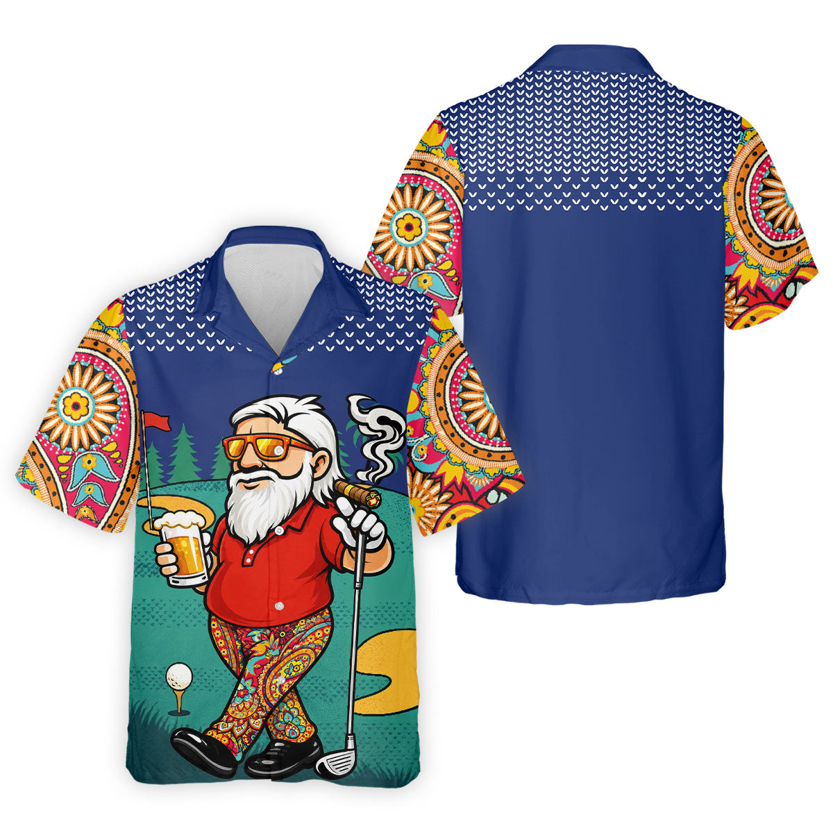 Men's Funny Golf Santa Beer And Cigar Polo Shirt, Mens Golf Polo, Golf Apparel For Men
