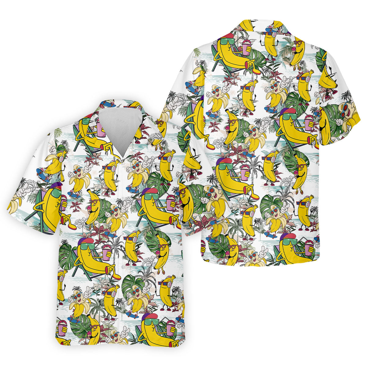 Cartoon Banana Characters On Tropical Island Hawaiian Golf Polo, Golf Tops For Men, Golfing Apparel
