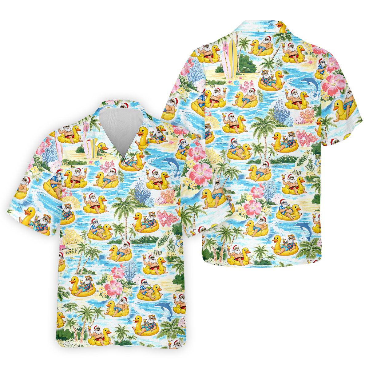 Funny Santa Duck Float Tropical Christmas Polo Shirt, Mens Golf Polo, Hawaiian Golf Shirt