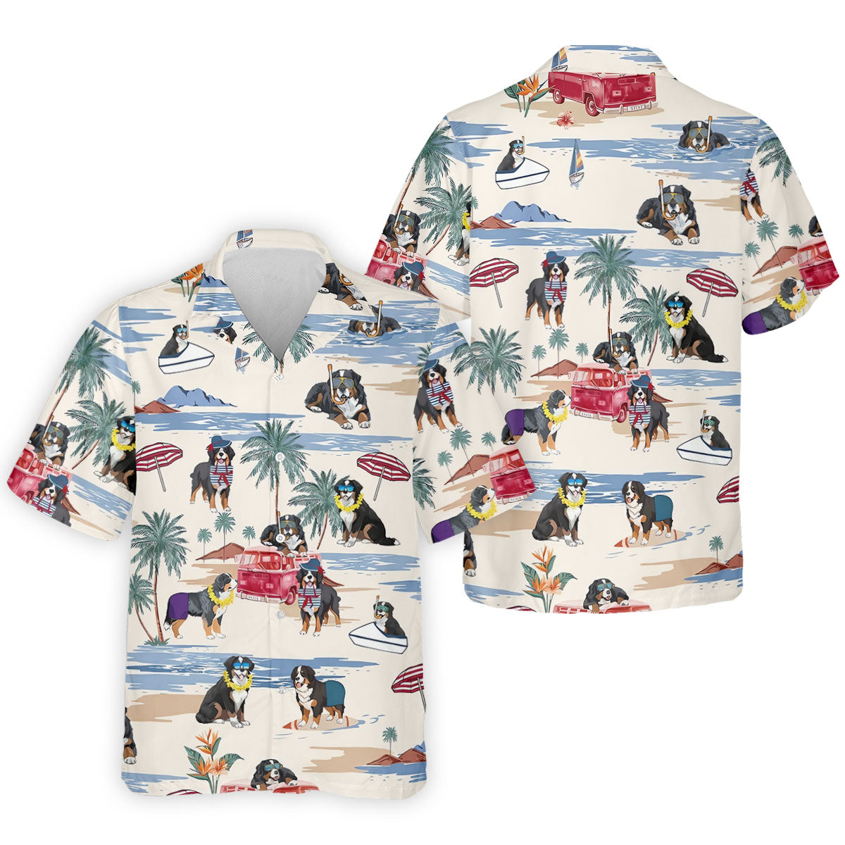 Tropical Bernese Mountain Dog Beach Hawaiian Golf Polo Shirt, Printed Golf Shirts, Golf Apparel For Men