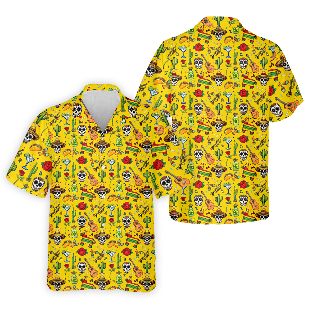 Decorated Skulls Party Items Cinco De Mayo Celebration Fiesta Themed Yellow Golf Shirts For Men