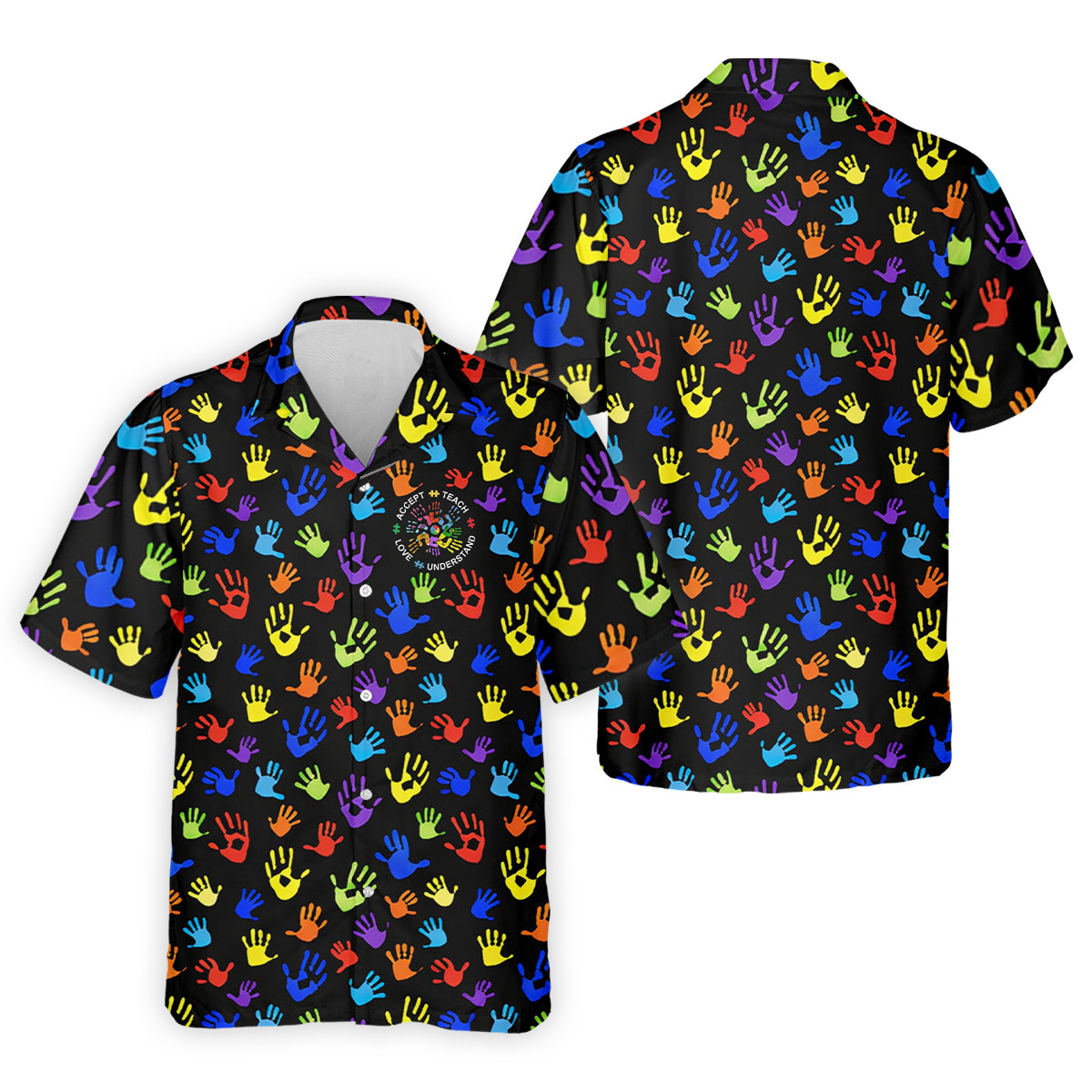 Accept Teach Understand Love Autism Awareness Colorful Handprint Black Golf Shirt, Golf Shirts For Men