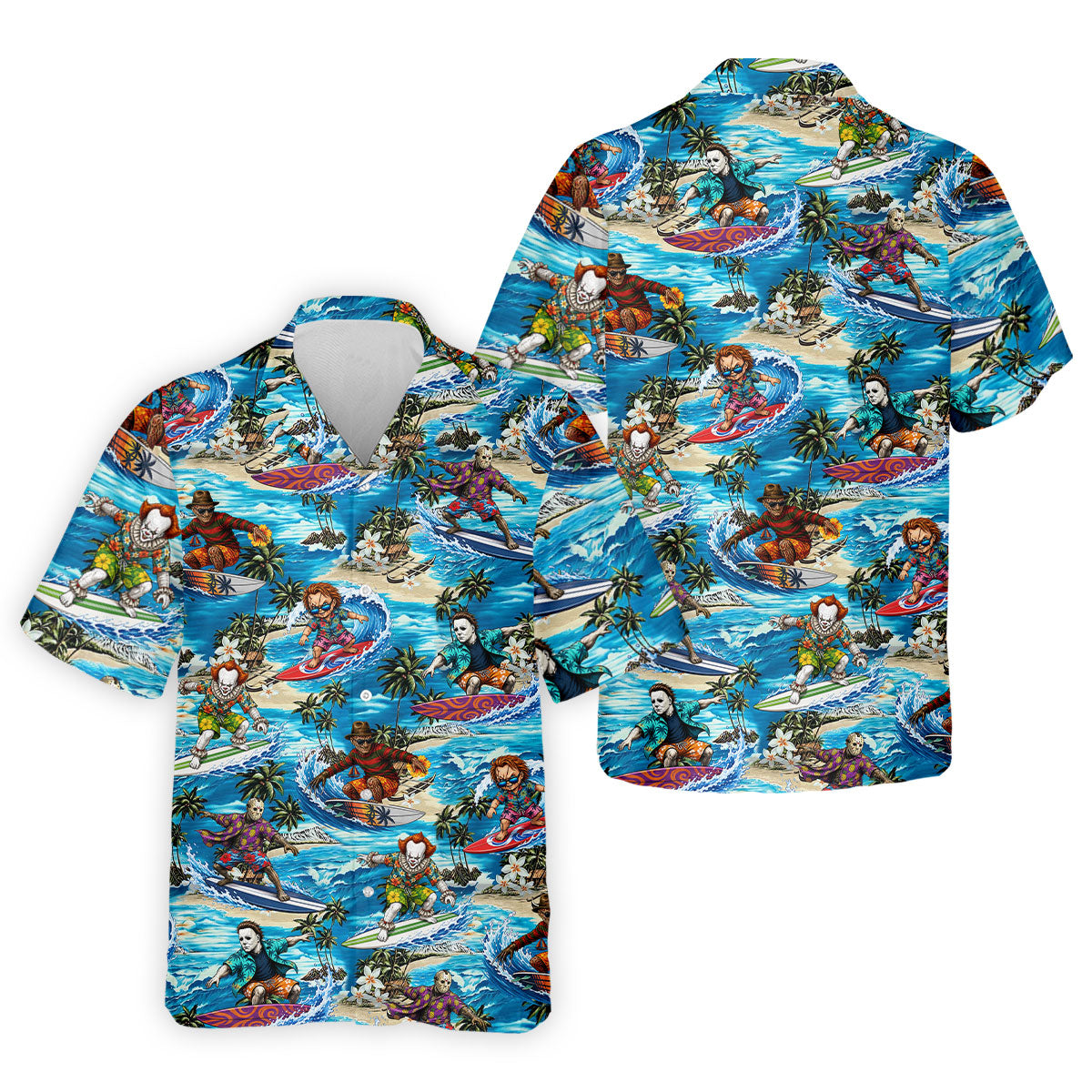 Horror Character Surfing Hawaiian Golf Shirt, Tropical Slasher Golf Shirt, Golf Shirts For Men