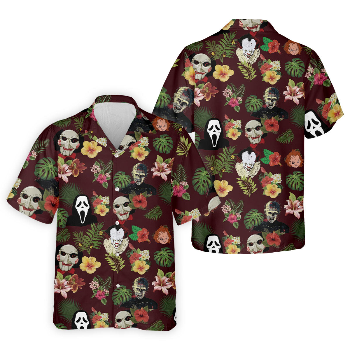 Floral Halloween Horror Character Hawaiian Golf Shirt, Men's Golf Shirt, Golf Polo Shirts For Men