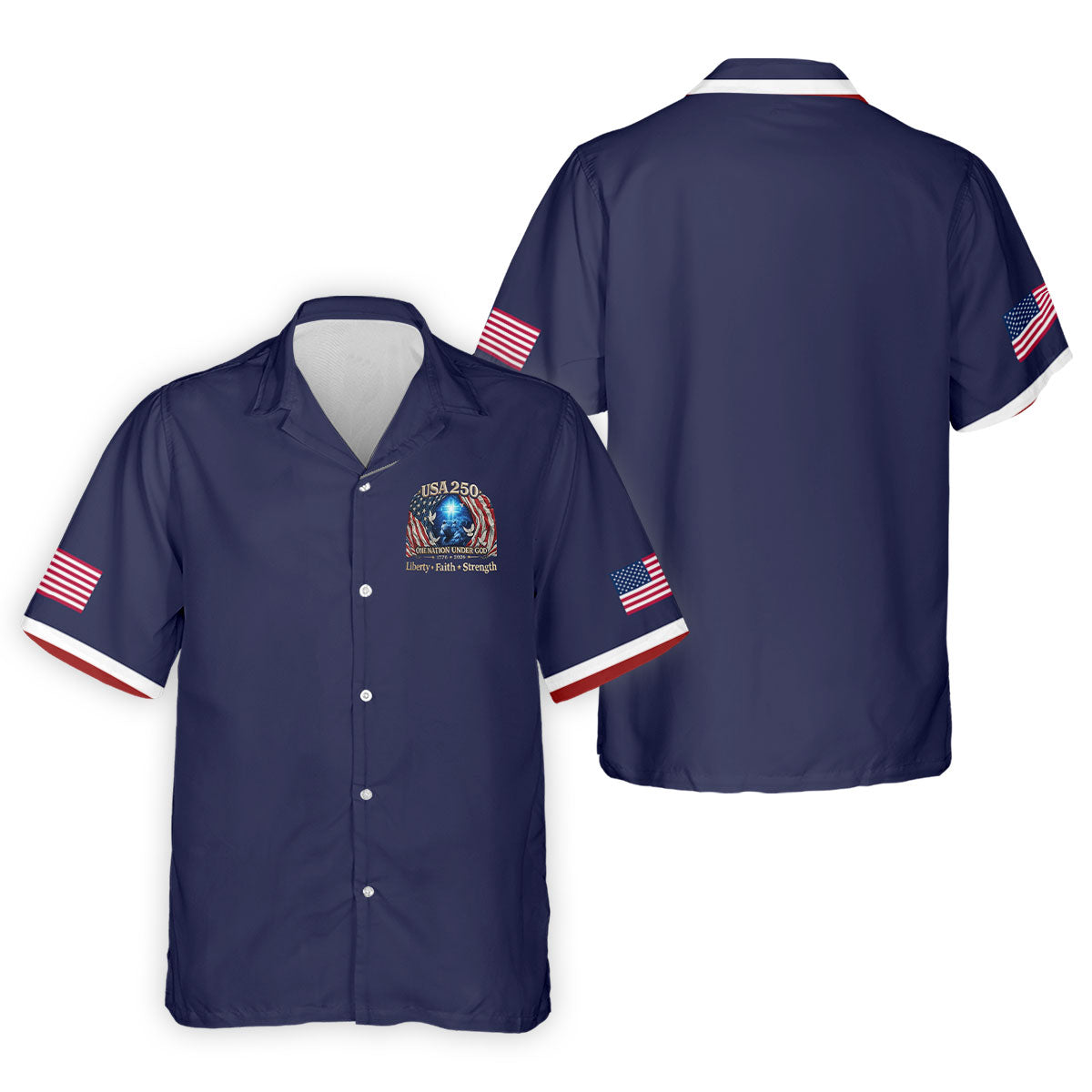 One Nation Under God Faith Cross USA 250 Logo Navy Golf Shirt, 4th Of July Golf Shirts For Men