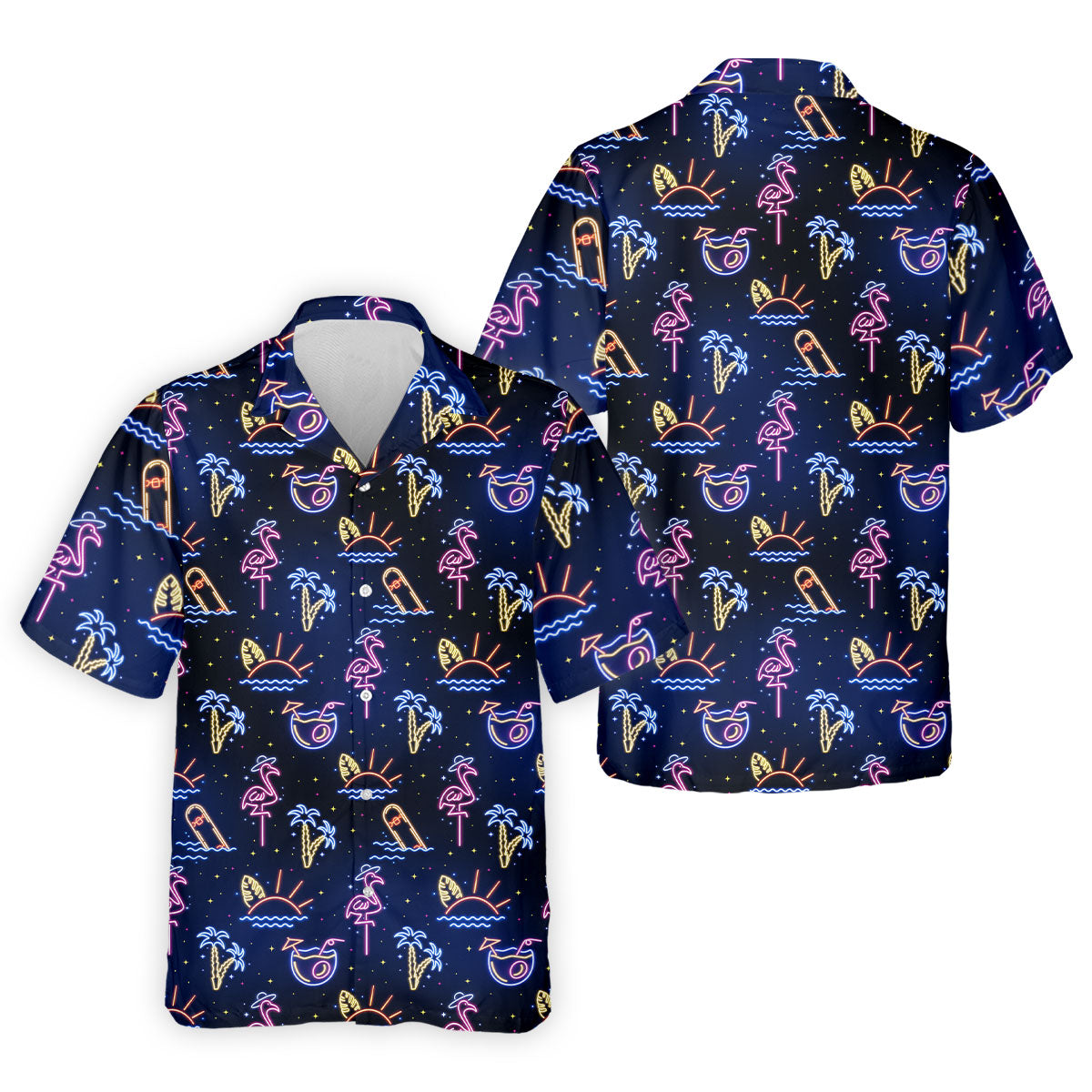 Neon Tropical Flamingo Sunset Cocktail Night Golf Polo, Hawaiian Golf Shirt, Polo Shirts For Men