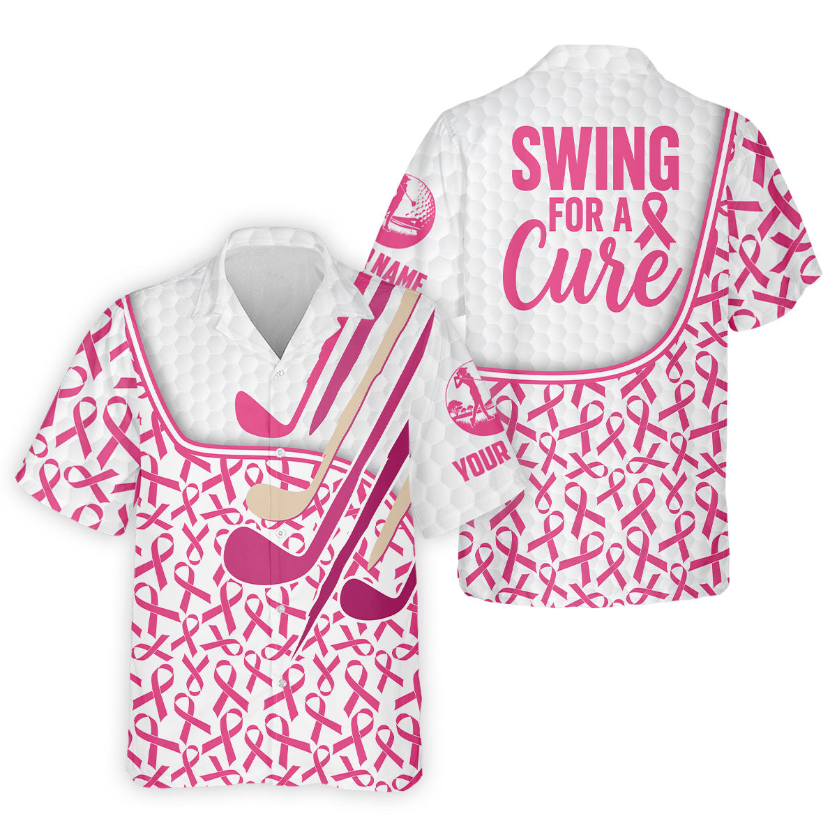 Custom Pink Ribbon Golf Club Breast Cancer Polo Shirt, Mens Golf Polo, Printed Golf Shirts