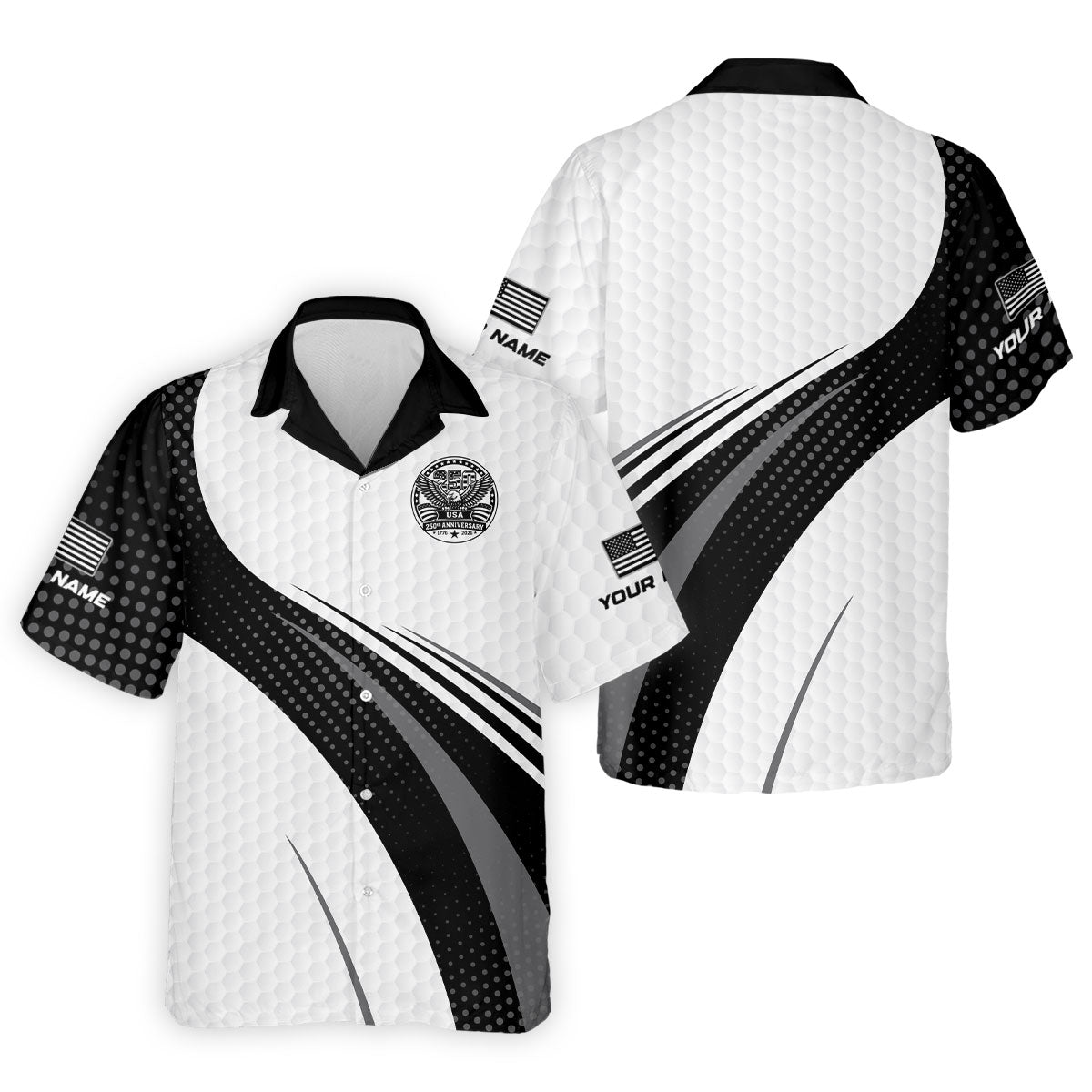 USA 250th Anniversary Black And White Golf Ball Pattern Golf Tops For Men, Patriotic Golf Shirts For Men