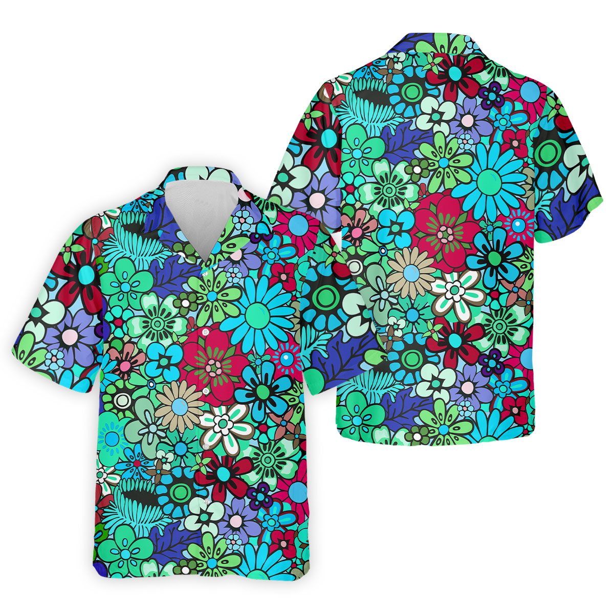 Blue Green Retro Flower Power Golf Shirt, Mens Golf Shirts, Hawaiian Golf Shirt, Golf Shirts For Men