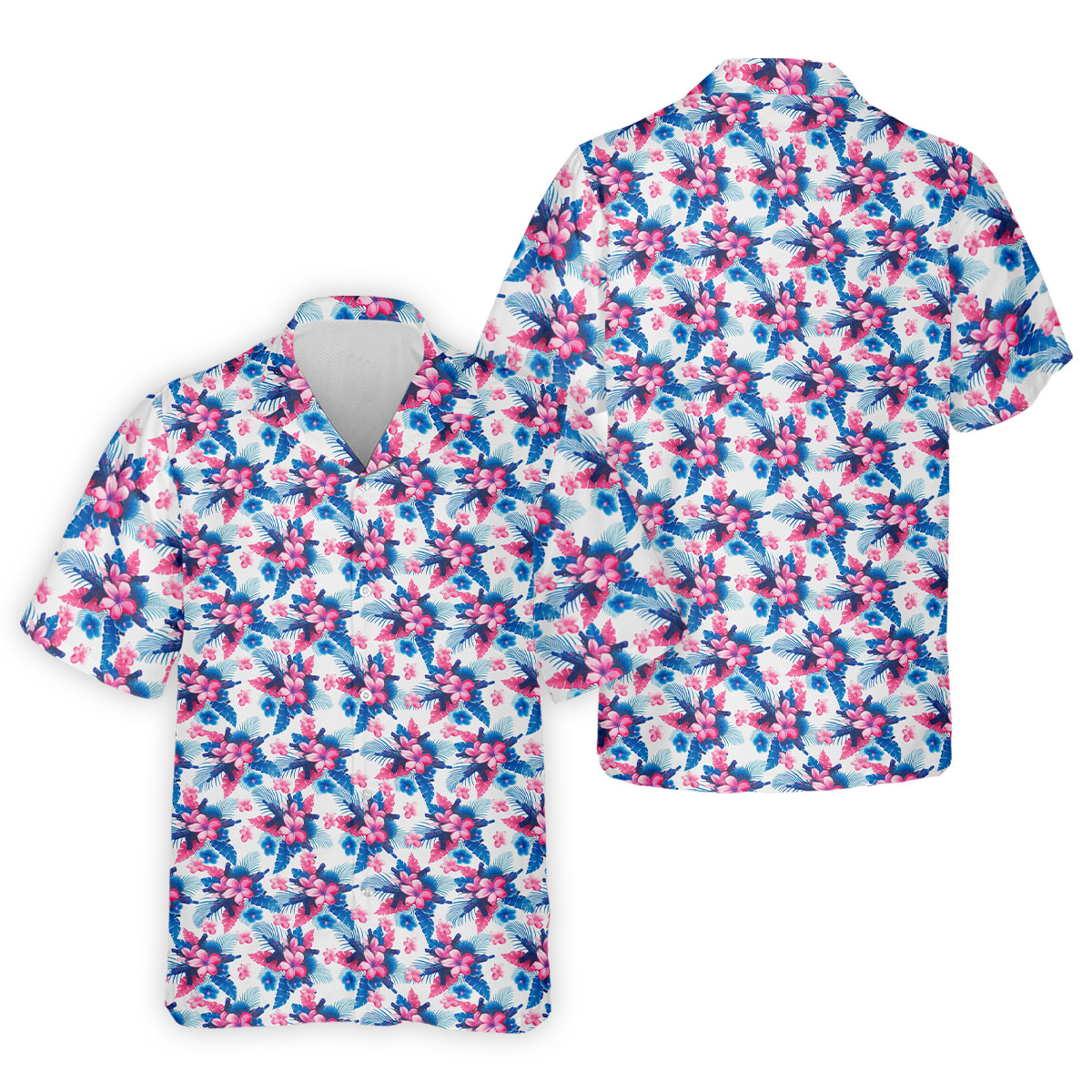 Pink Blue Tropical Floral Hawaiian Golf Shirt, Vibrant Color Golf Shirts For Men