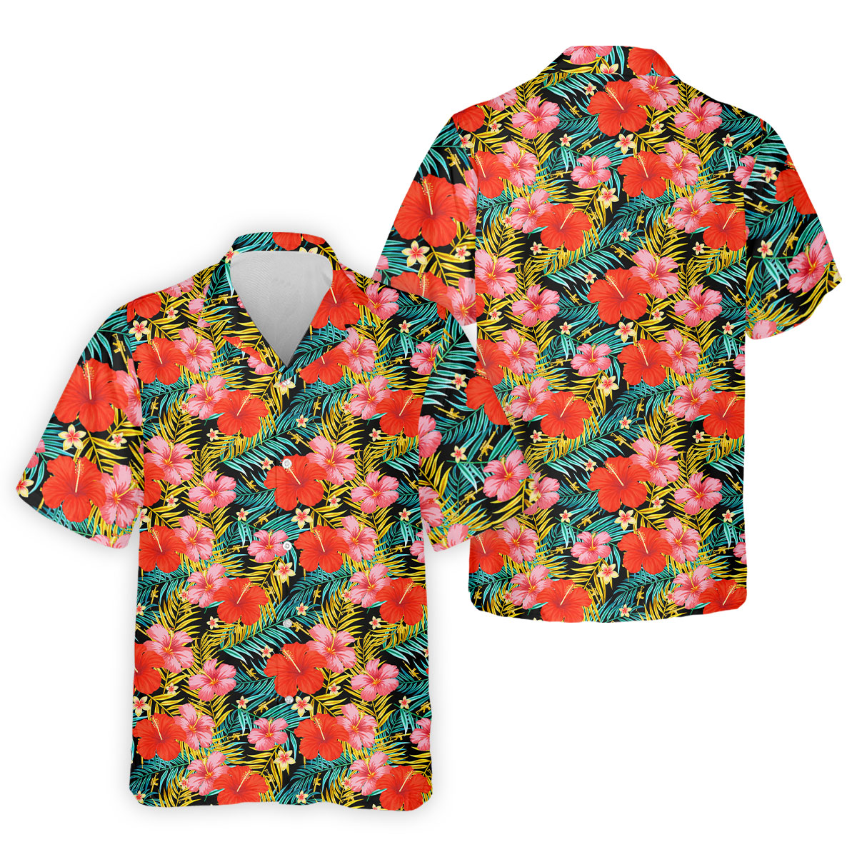 Red Hibicus Gold Palm Leaf Hawaiian Golf Shirt, Summer Theme Golf Shirts For Men