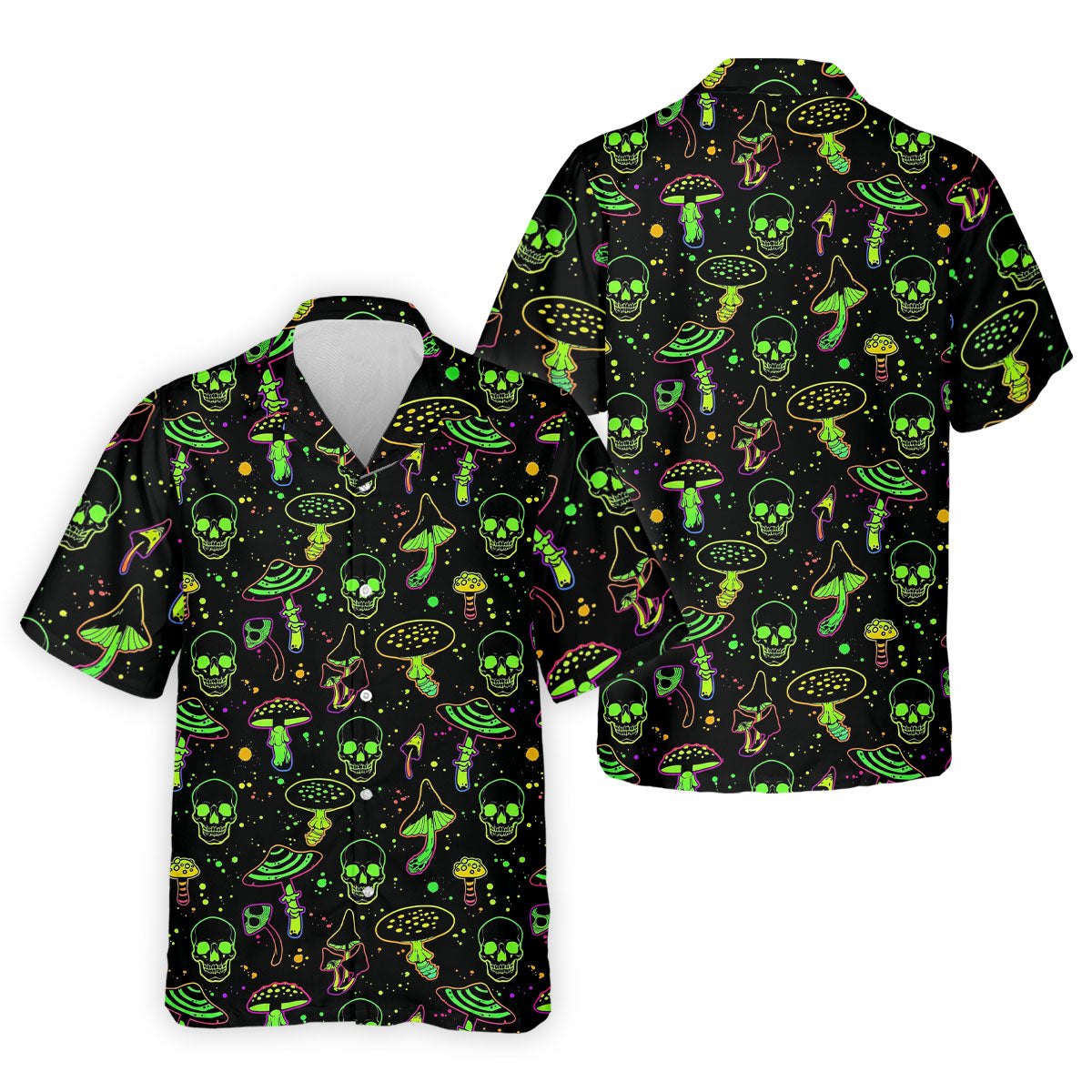 Mushroom And Skull Neon Pattern Hawaiian Golf Shirt, Men's Funny Golf Shirts