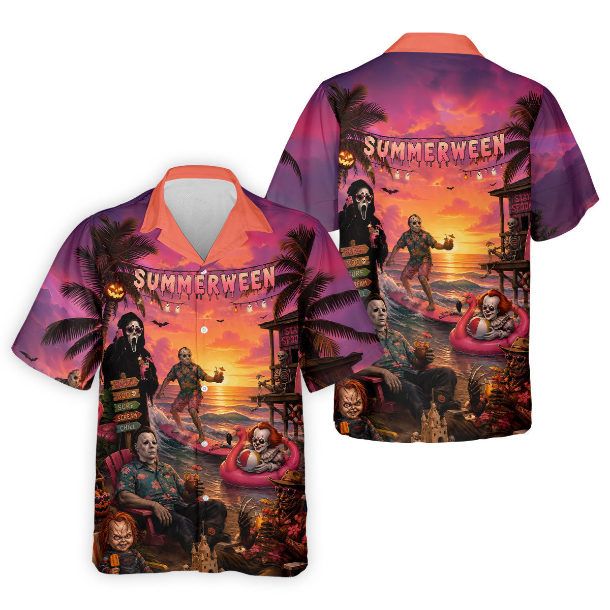 Summerween Halloween Horror Character Golf Shirt, Printed Golf Shirts, Hawaiian Golf Shirt